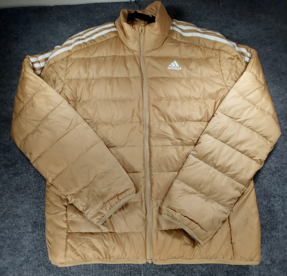 Adidas Men’s Essentials Down Puffer Jacket Sz L Mesa Gold Tan Full Zip 3-Stripes